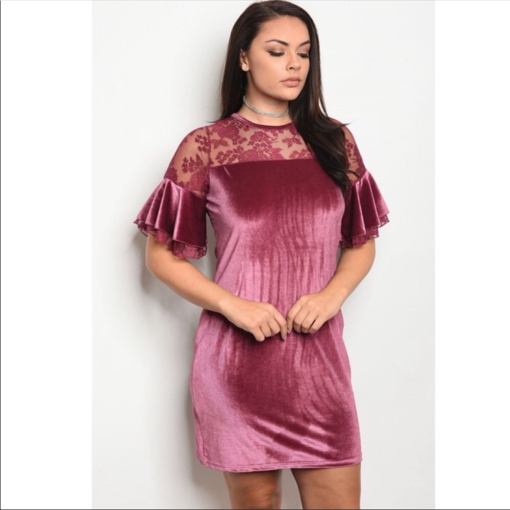 Plus Size Mauve Velvet Lace Dress